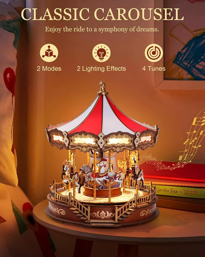 Robotime 3D Wooden Puzzle Carousel Music Box with LED Lights - Gear Model Building Kit for Adults, Ideal Christmas Gift