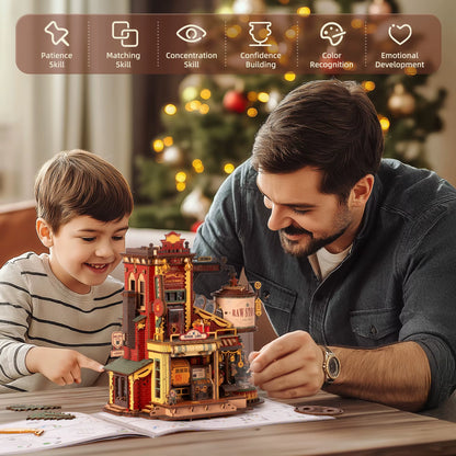 ROKR Dream Gift Factory 3D Wooden Puzzle DIY Mini Dollhouse Model Kit with Music and LED Lighting - 449 Piece Assembly Set for Adults and Teens