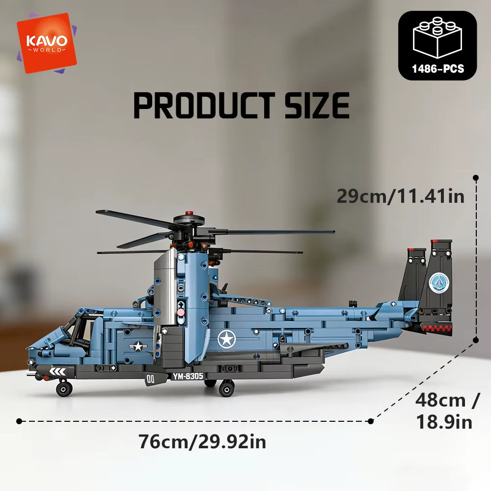 KAVOWORLD 1486-Piece Military V-22 Transport Aircraft Helicopter Building Block Set - STEM Educational DIY Assembly Airplane Toy