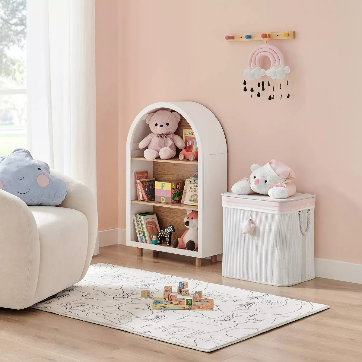 Bamboo Collapsible Laundry Hamper and Toy Storage for Kids with Handles in Pink and Cream Teddy Bear Design
