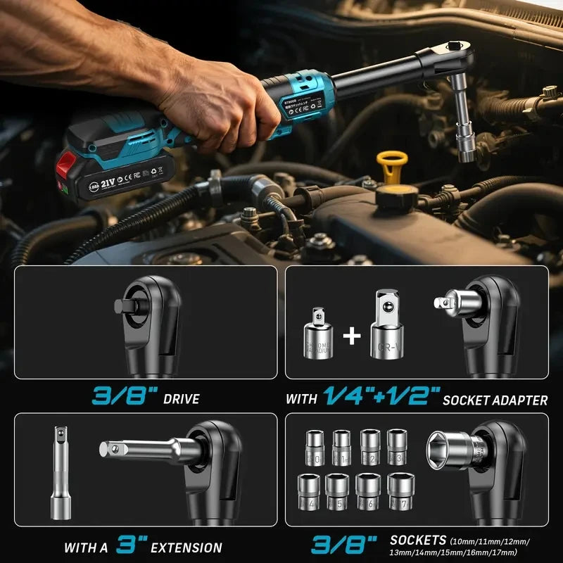 SEESII 3/8" 21V Cordless Electric Ratchet Wrench with 80Nm Torque and 6.3'' Extended Reach - Rechargeable Angle Wrench for Makita 18V Battery Compatibility