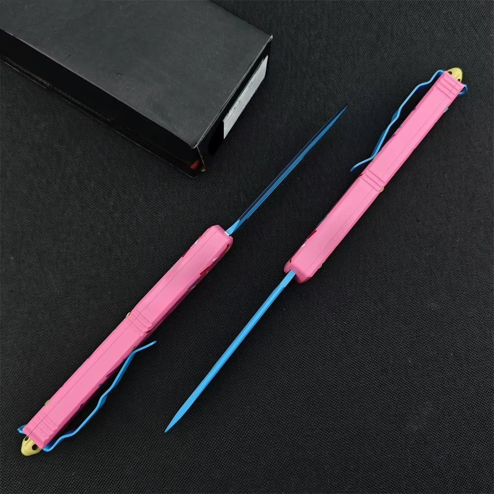 Outdoor Tactical Folding Knife with 3.46-Inch D2 Blade and T6 Aluminum Pink Donut Handle - Deep Pocket Clip EDC Tool for Camping, Hiking, and Hunting