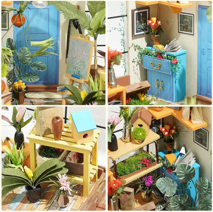 Robotime Mini Green House Cathy'S Flower House DIY Dollhouse Wooden Miniature Furniture Kit with LED Best Birthday Gifts