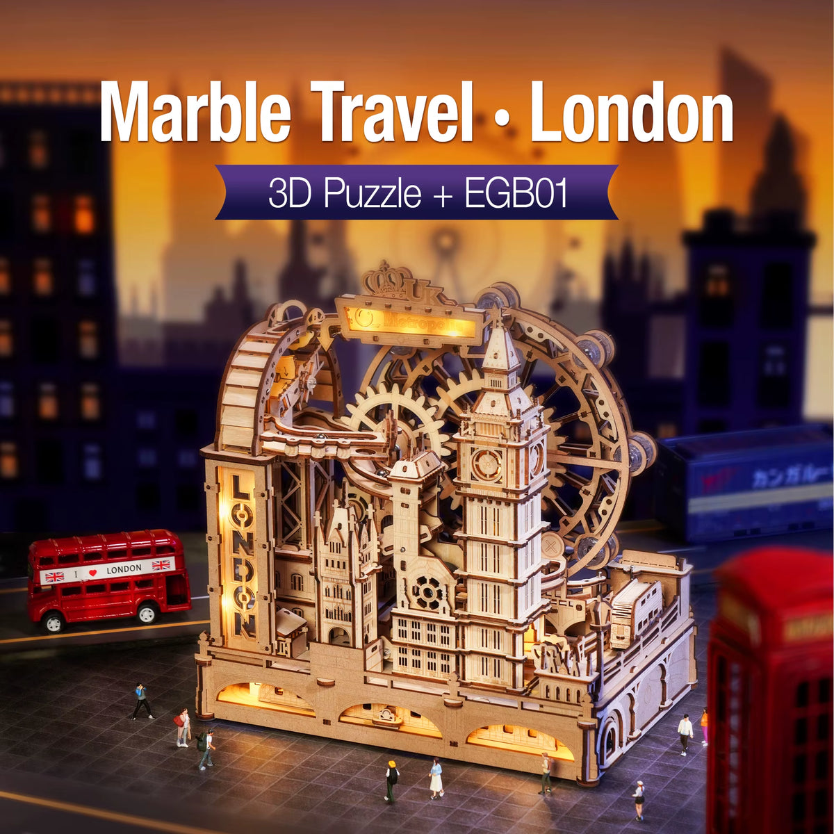 Robotime 3D Wooden Puzzle Marble Run Building Kit - London City Model with Lighting, Mechanical DIY Landmark Puzzle for Adults and Teens