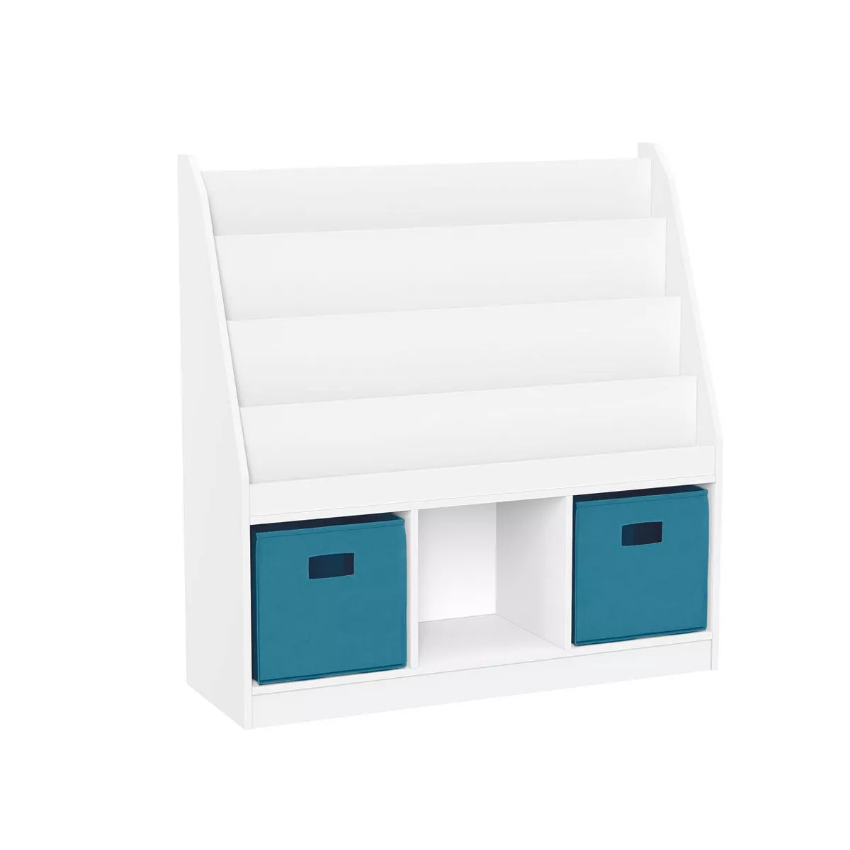 Children's Playroom Bookrack with Three Toy Organizer Cubbies and Four Bookshelves in White with Two Fabric Bins