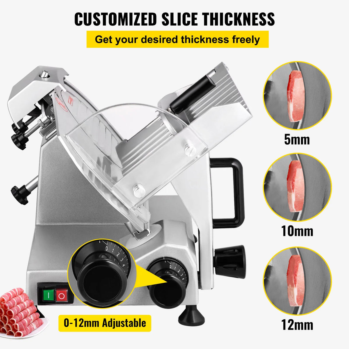 Succebuy Electric Deli Food Slicer with 8/10 Inch Carbon Steel Blade, Adjustable Thickness for Commercial and Home Use, Ideal for Meat and Cheese Cutting