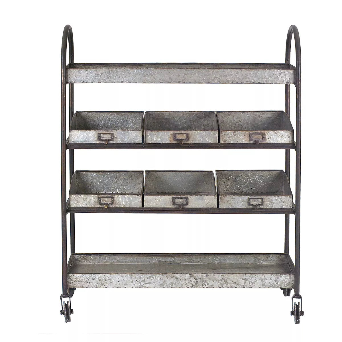 Metal 4-Tier Cart with 6 Bins on Casters: Rolling Utility Organizer, No Assembly Tools Needed