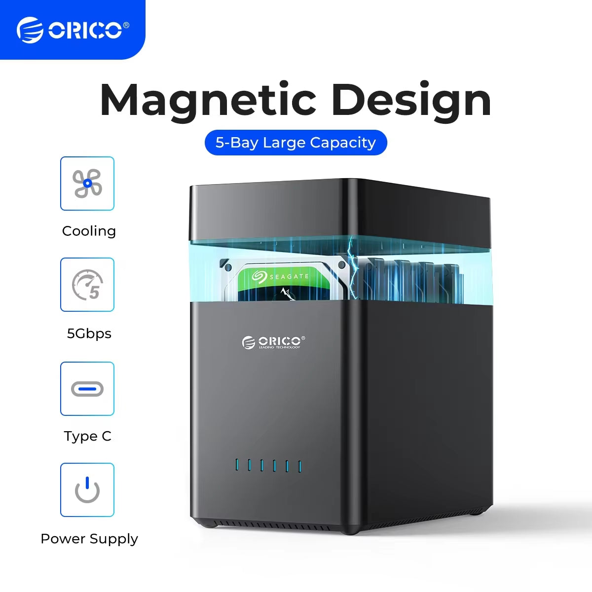 ORICO DS Series 5 Bay 3.5 Inch USB Hard Drive Enclosure Magnetic-Type SATA to Usb3.0/Type-C HDD Case for Altcoins Mining