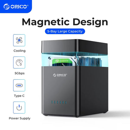 ORICO DS Series 5 Bay 3.5 Inch USB Hard Drive Enclosure Magnetic-Type SATA to Usb3.0/Type-C HDD Case for Altcoins Mining