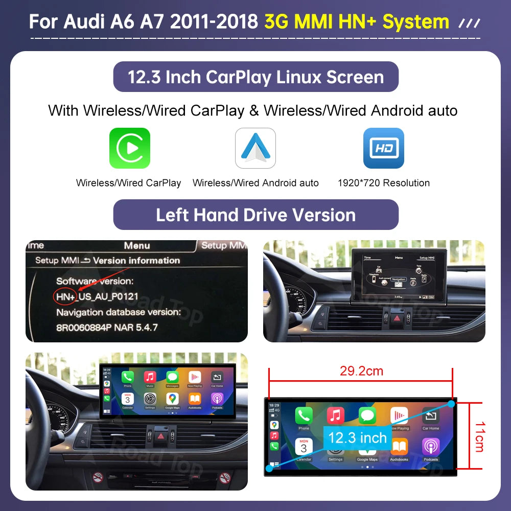 12.3" Linux Multimedia Display for Audi A6 C6 and A7 C7 (2011-2018) with Wireless CarPlay, Android Auto, and AirPlay Integration