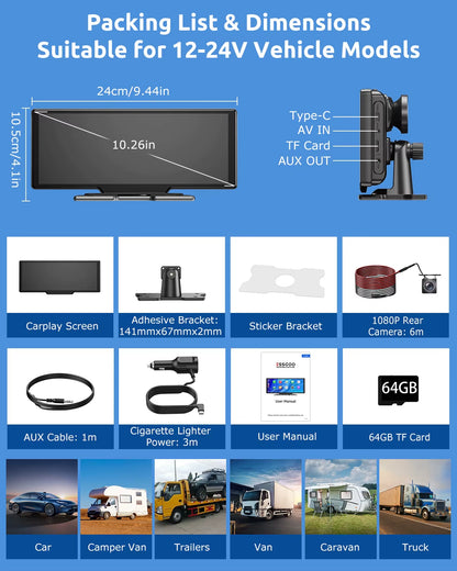 10.26"4K 64G Touchscreen Portable Wireless Carplay Android Auto Truck Dash Car Stereo Bluetooth GPS Navi Reversing Wide-Angle FM