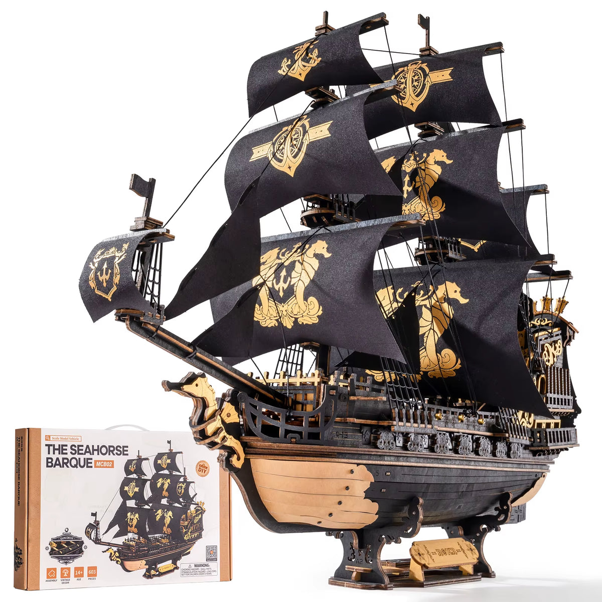 ROKR Seahorse Barque 3D Wooden Puzzle Model Kit - 1:100 Scale DIY Sailboat with 603 Pieces for Adults and Boys