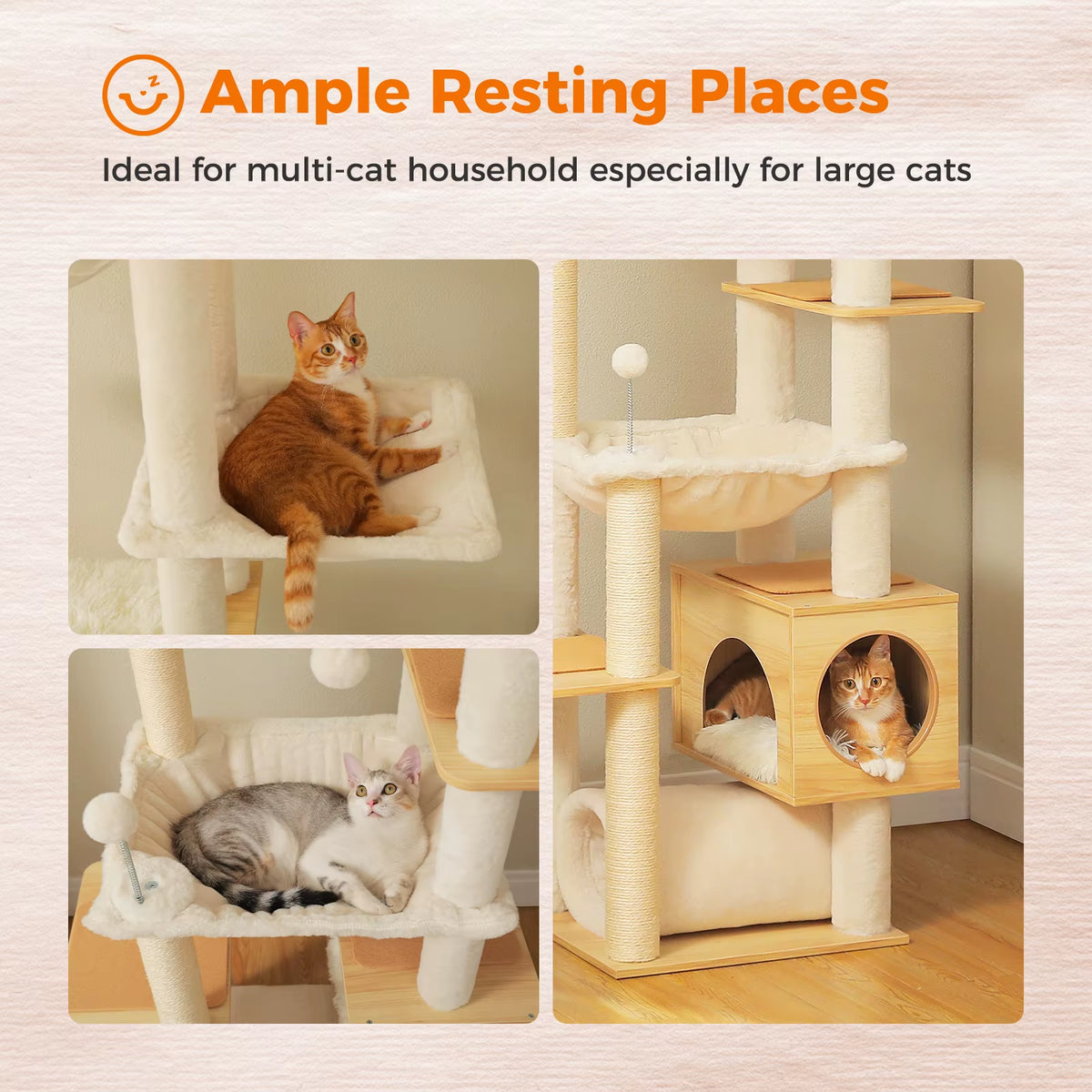 Height Adjustable Wooden Cat Tower with Spacious Hammock and Sisal Scratching Posts - Floor to Ceiling Indoor Cat Condo