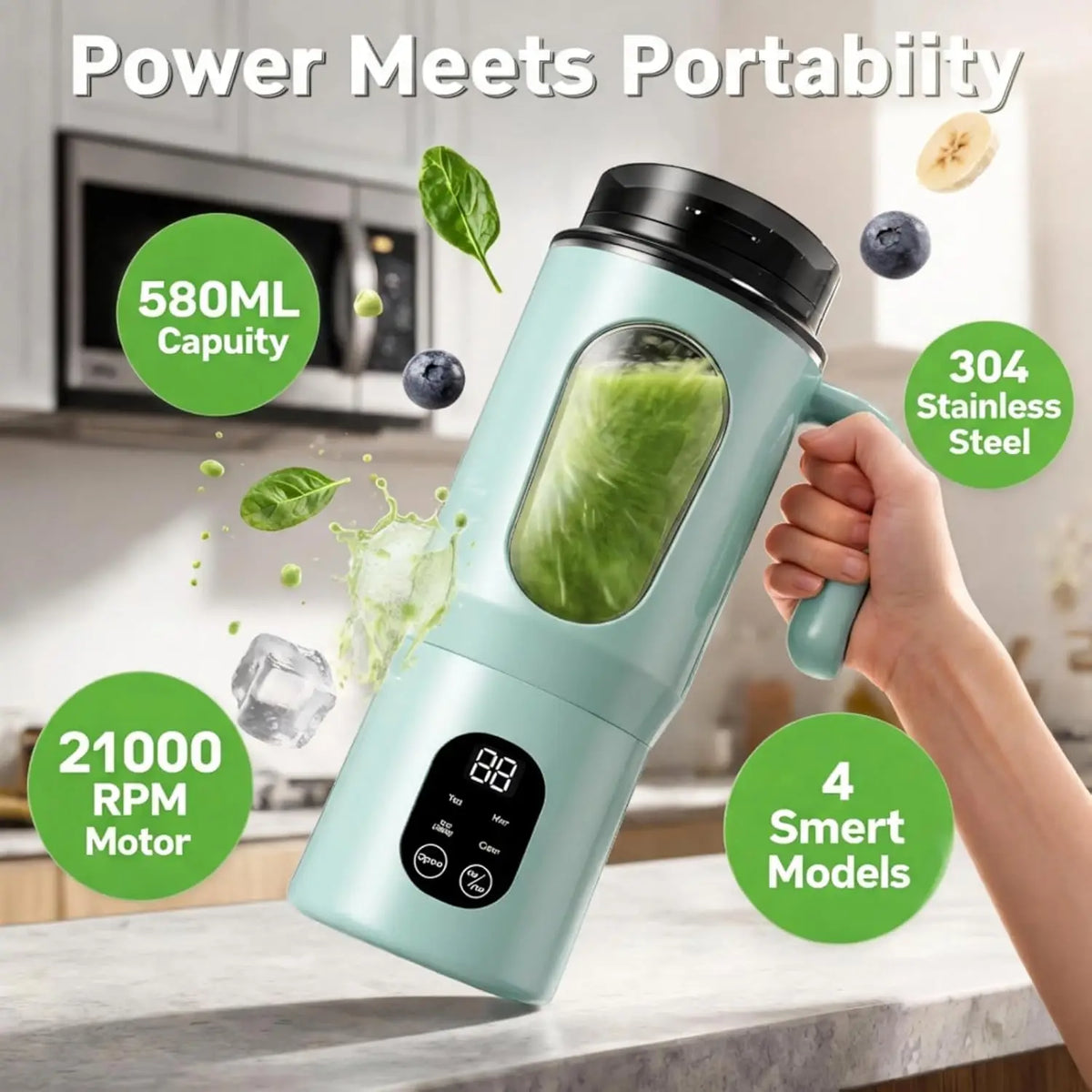 Portable 580ML Juice Maker and Blender with 8 Blades - Durable 2-in-1 Extractor for Smoothies and Shakes