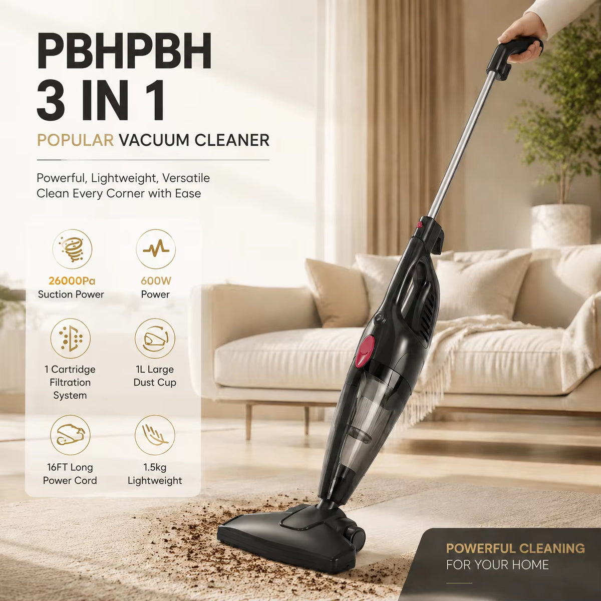 PBHPBH Corded Vacuum Cleaner with 26Kpa Strong Suction and 5-Meter Cord Length, Ideal for Home Environments and Pet Hair Removal, Includes Crevice Tool for Easy Corner Cleaning