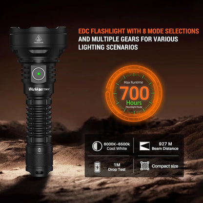 Wurkkos TD01C 21700 Tactical Rechargeable LED Flashlight with USB-C, 1800 Lumens, 1000M Throw, IPX8 Waterproof, Tail Switch