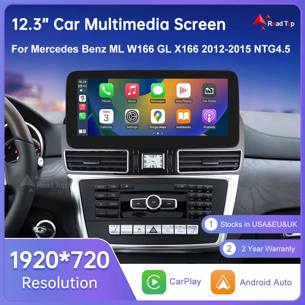 Linux Touchscreen Car Radio for Mercedes-Benz ML W166, ML350, GL X166 (2012-2015) with GPS, CarPlay, Android Auto, and AirPlay Mirroring