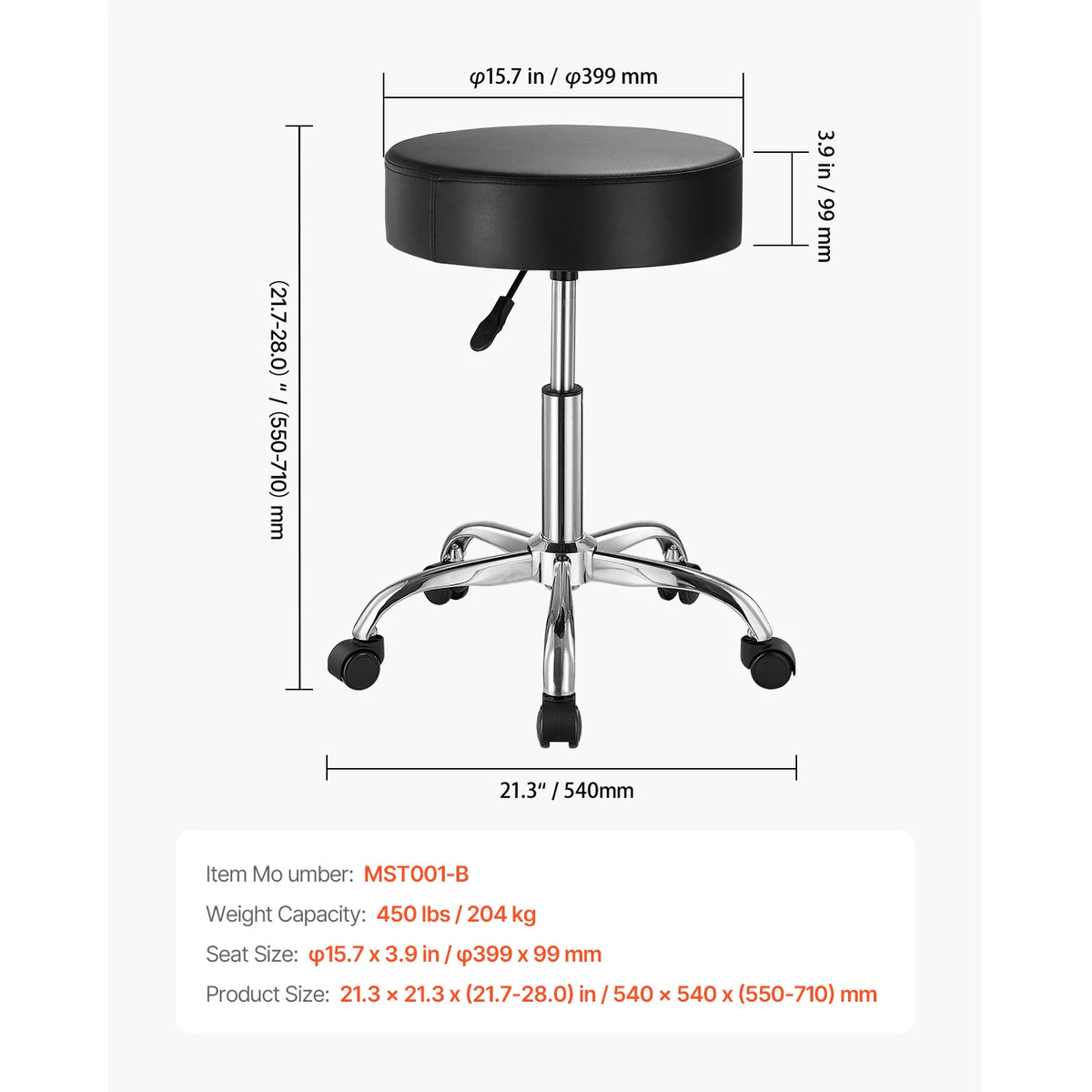 Succebuy Height Adjustable Rolling Stool with Wheels, 450 lbs Weight Capacity, Round Chair for Salon, Spa, and Tattoo Clinic