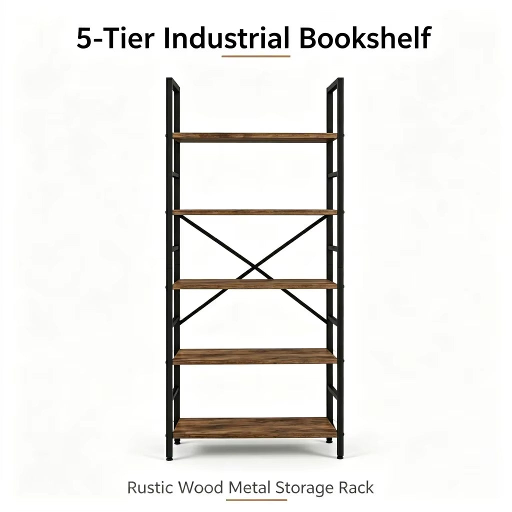 5 & 6 Tier Industrial Rustic Wood Bookcase with Black Metal Frame - Freestanding Multipurpose Storage Organizer for Bedroom, Living Room, Office, Kitchen, and Plant Decor