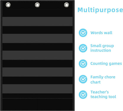 Classroom Black Standard Pocket Chart Words Chart with Extra Storage Pocket for Sentence Strips School Home Office Use