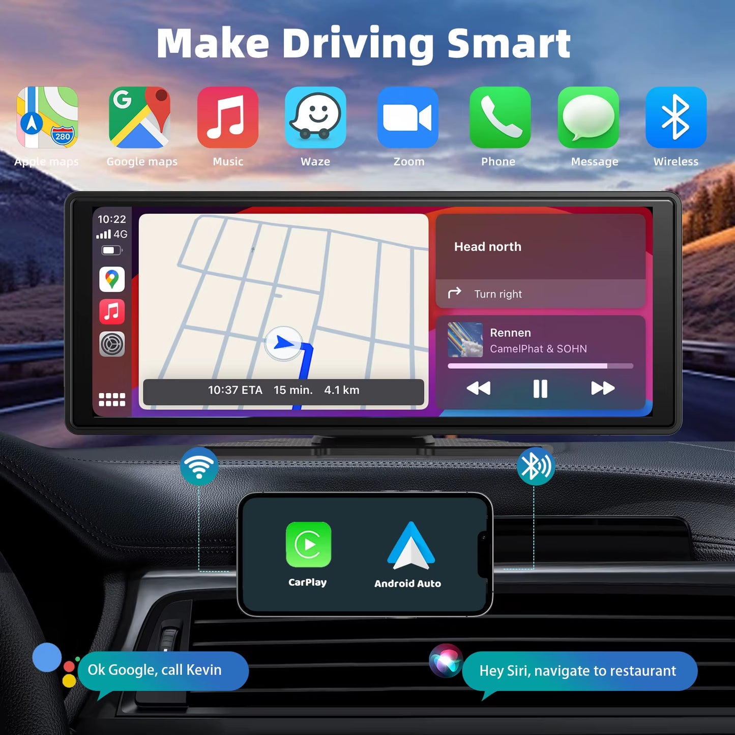 Portable Wireless Carplay Car Stereo, 10.26" Inch HD Touchscreen for Car with Carplay & Android Auto with Mirror Link/Backup Cam