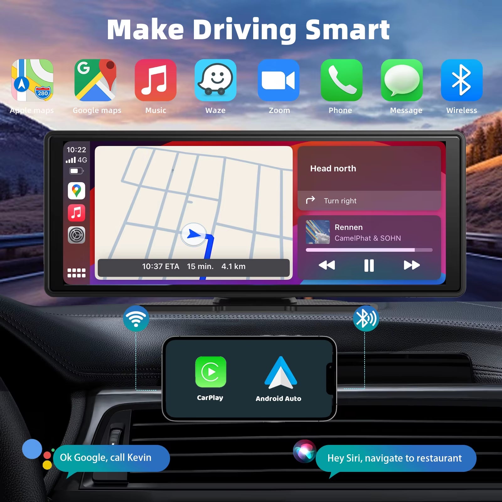 Portable Wireless Carplay Car Stereo, 10.26" Inch HD Touchscreen for Car with Carplay & Android Auto with Mirror Link/Backup Cam
