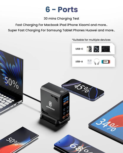 ASOMETECH 240W GaN Fast Charging Station - 6-in-1 Desktop Charger with 140W PD3.1, USB Type-C, QC3.0, and PPS for MacBook, iPhone 16, and Samsung Devices
