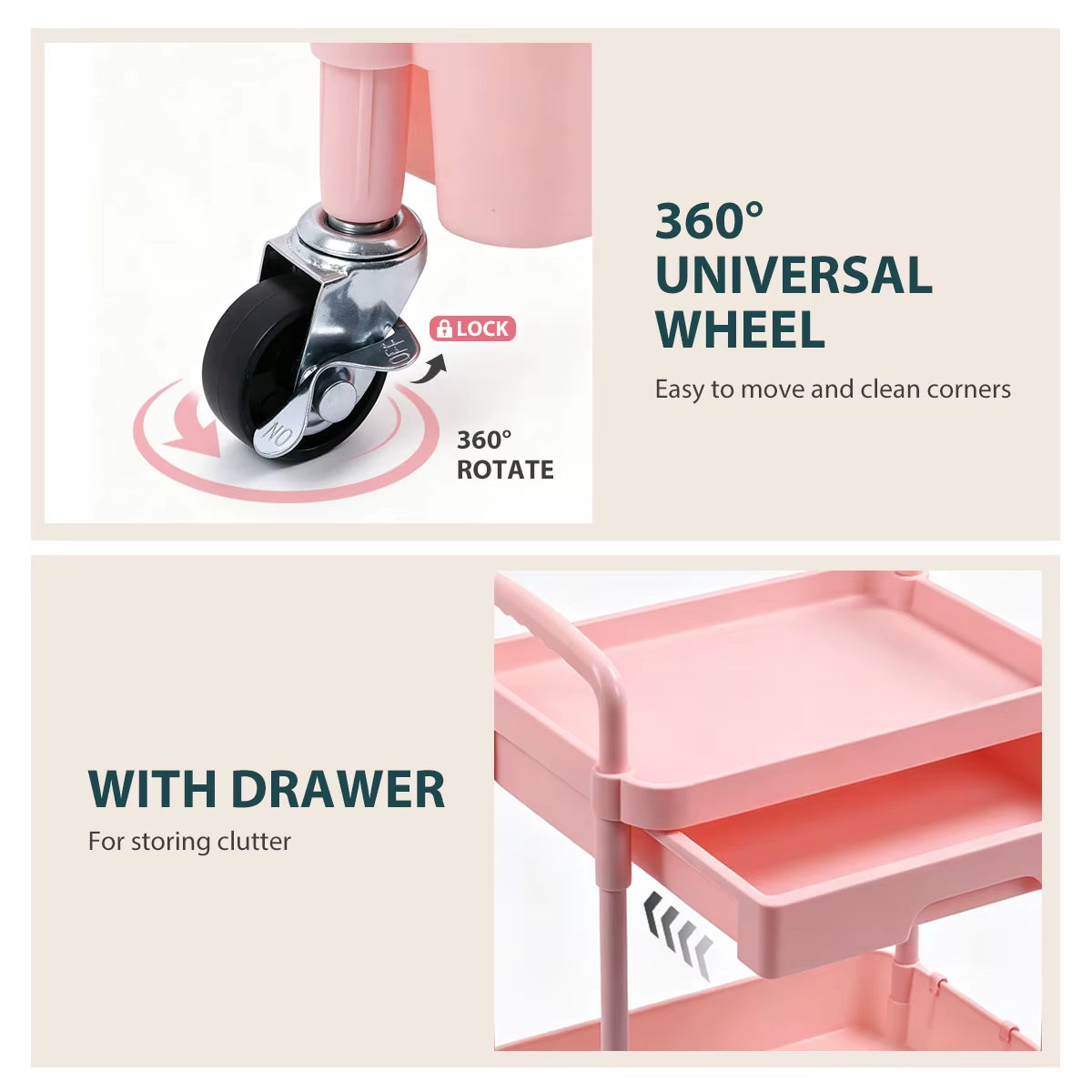 3-Tier Mobile Storage Cart with Pull-Out Drawer, Lockable Wheels, and Hanging Cups - Versatile Organizer for Kitchen, Bathroom, and Living Room