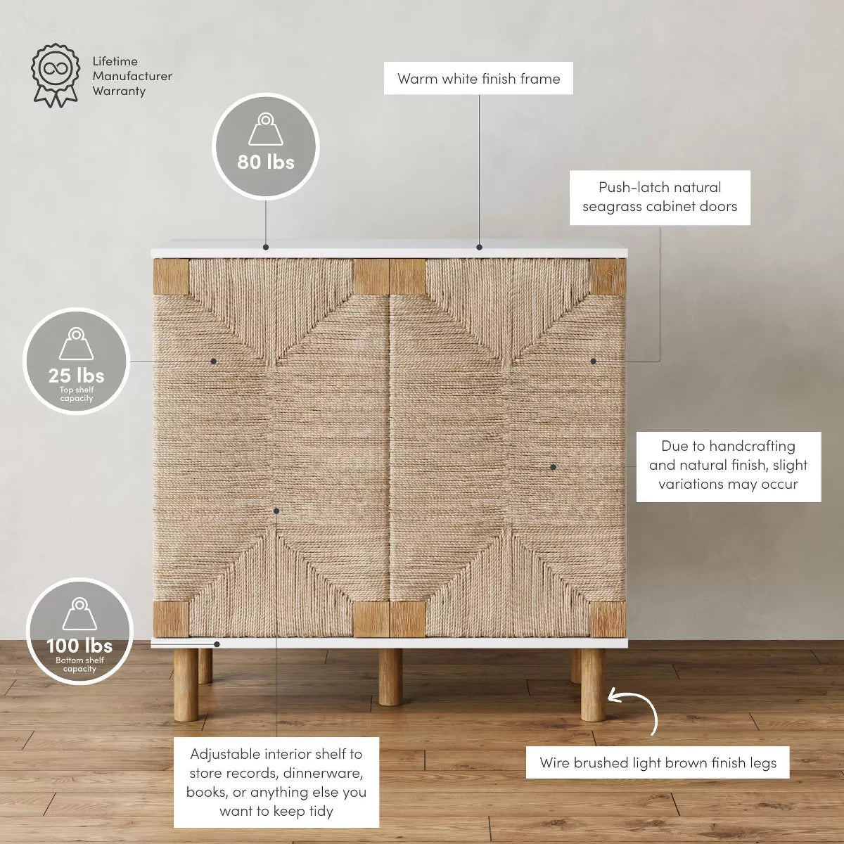 Wood and Seagrass Storage Cabinet in White with Veneer Surface and Fixed Shelf - Adult Assembly Required