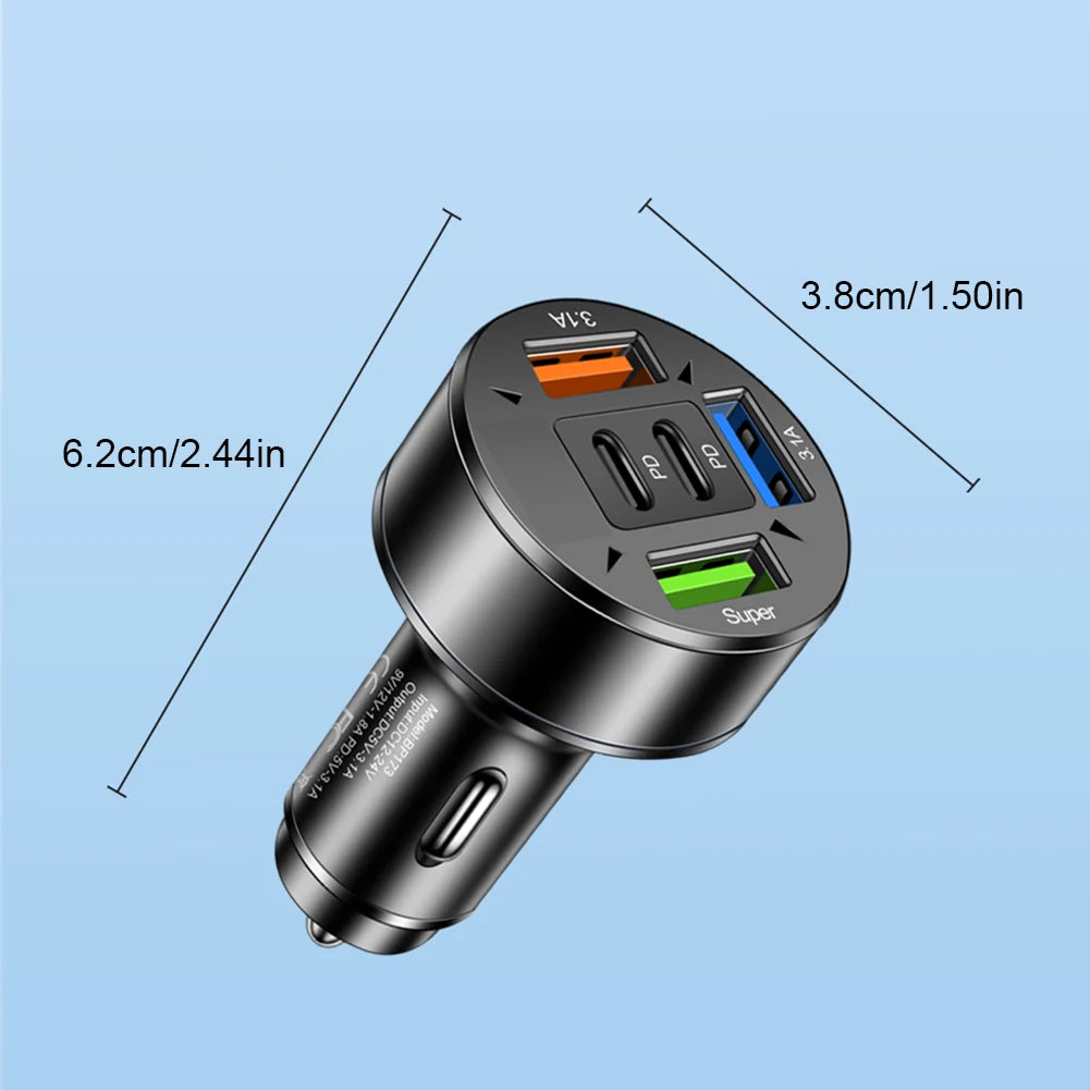 100W 5-Port Car Charger with Voltage Regulation - 12V-24V Cigarette Lighter Plug Adapter for Compatibility with Most Vehicle Models