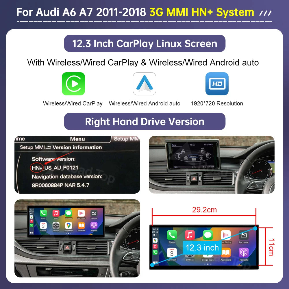 12.3" Linux Multimedia Display for Audi A6 C6 and A7 C7 (2011-2018) with Wireless CarPlay, Android Auto, and AirPlay Integration
