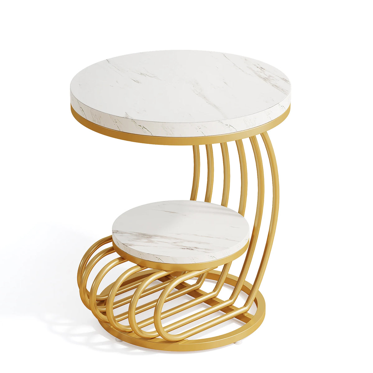 Tribesigns Gold Round End Table: Two-Tier Faux Marble Side Table with Storage Shelf, Modern White and Gold Bedside Nightstand