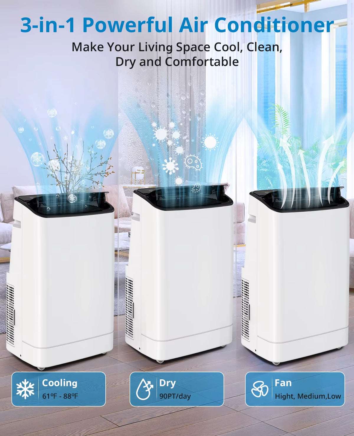 14000 BTU Portable Air Conditioner with 3-in-1 Functionality, Remote Control, and Window Mount Kit - Energy Efficient Home Cooling Solution