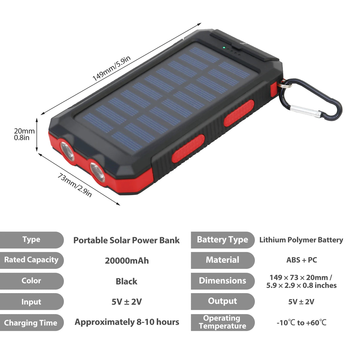 20000mAh Waterproof Solar Power Bank with Dual 5V USB Ports, LED Flashlight, and Compass for Outdoor Camping