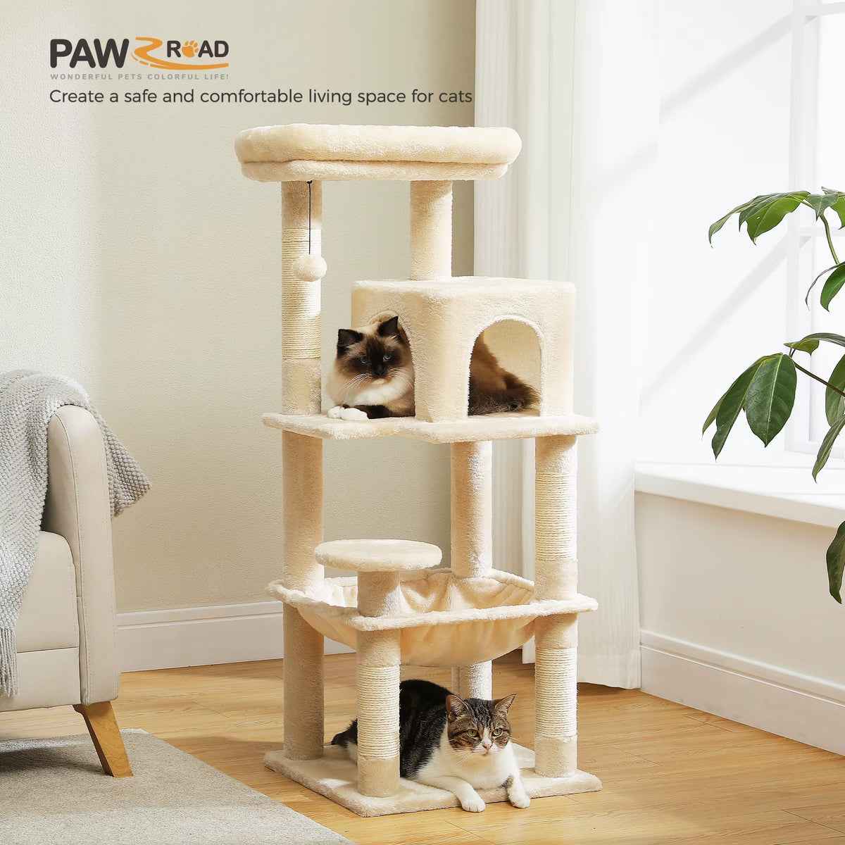 Indoor Cat Tree, 5-Tier Cat Tower for Large Cats with Metal Frame, Spacious Hammock, and Elevated Perch