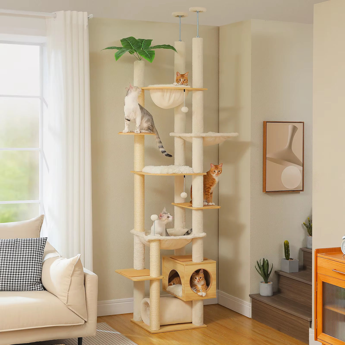 Height Adjustable Wooden Cat Tower with Spacious Hammock and Sisal Scratching Posts - Floor to Ceiling Indoor Cat Condo