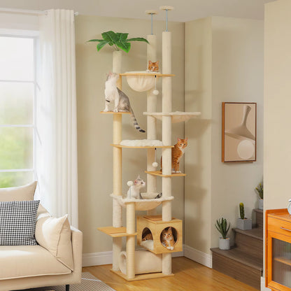 Height Adjustable Wooden Cat Tower with Spacious Hammock and Sisal Scratching Posts - Floor to Ceiling Indoor Cat Condo