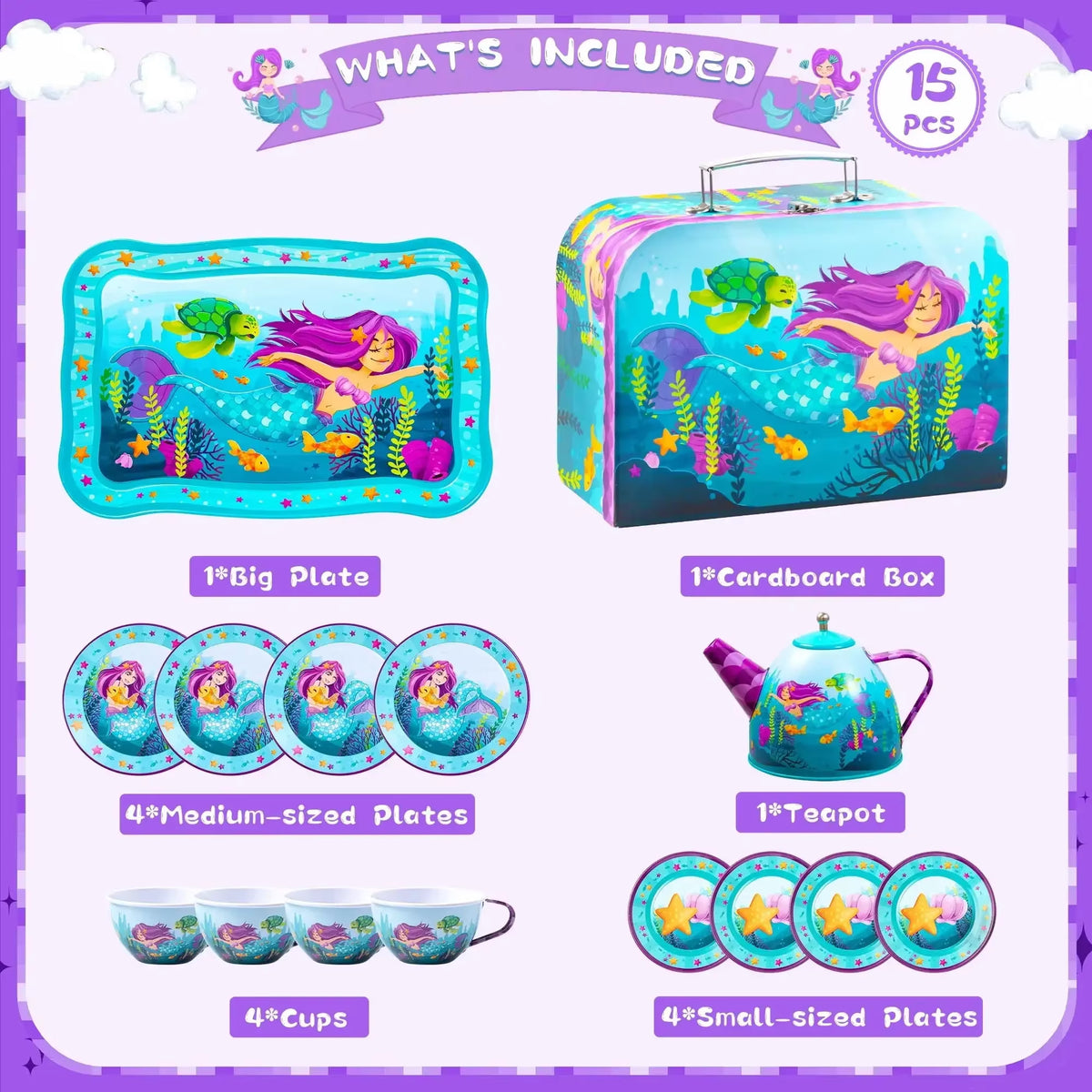 Mermaid-Themed Tea Party Set for Girls - Pretend Play Tin Teapot Kitchen Toy for Toddlers Ages 2 to 6