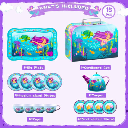 Mermaid-Themed Tea Party Set for Girls - Pretend Play Tin Teapot Kitchen Toy for Toddlers Ages 2 to 6