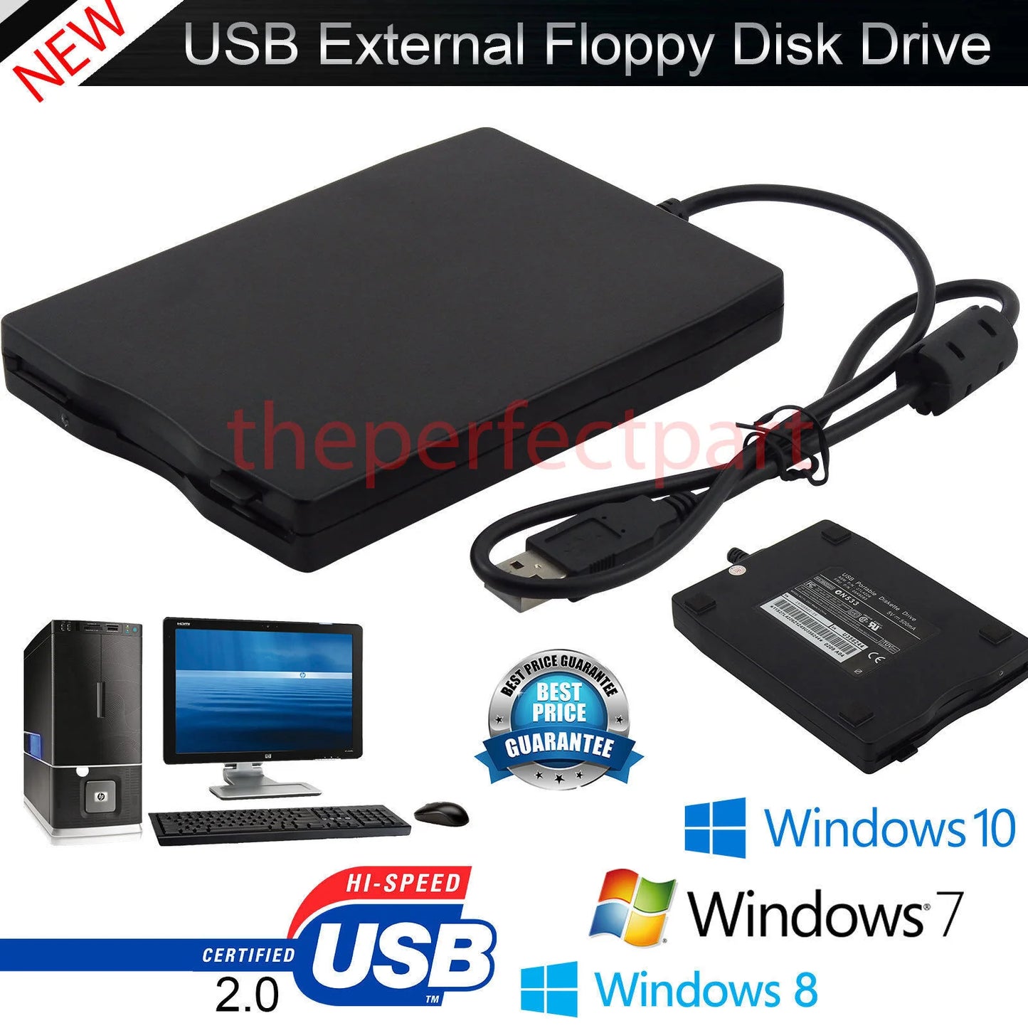 3.5” USB 2.0 Data External Floppy Disk Drive 1.44MB for Laptop PC Win 7/8/10 Mac