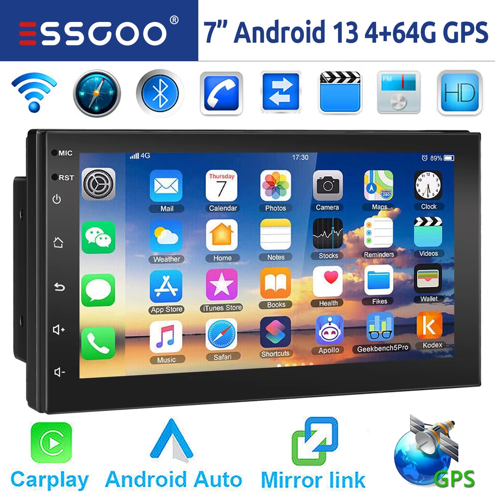 ESSGOO 7"/9"/10“ 2 DIN Android 14 4+64G Car Stereo Carplay Android Auto GPS Navi Bluetooth FM RDS Radio WIFI Touchscreen Chatgpt