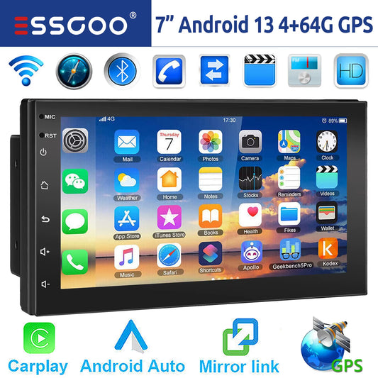 ESSGOO 7"/9"/10“ 2 DIN Android 14 4+64G Car Stereo Carplay Android Auto GPS Navi Bluetooth FM RDS Radio WIFI Touchscreen Chatgpt