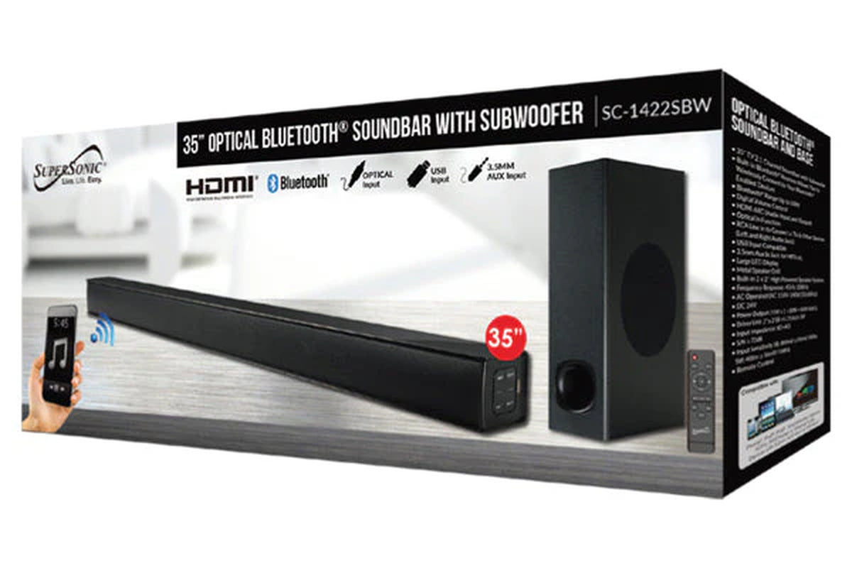 Supersonic 35" Optical Bluetooth Soundbar and Subwoofer with Large LED Display (SC-1422SBW)
