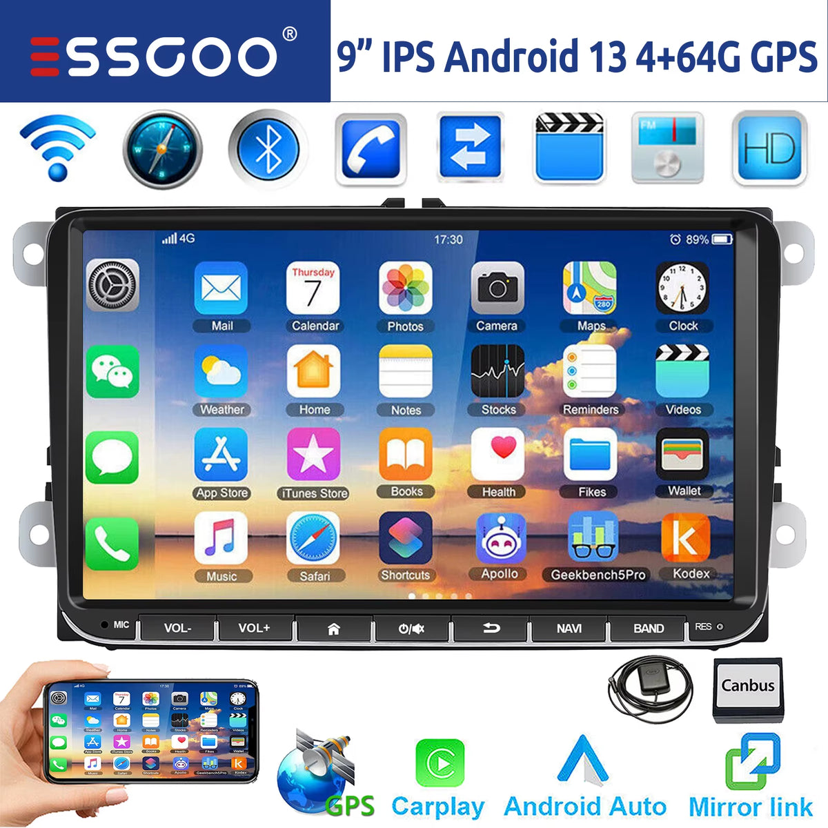 9-Inch Android 14 Car Stereo with 4G+64G, Wireless CarPlay, GPS Navigation, WiFi, RDS FM, Bluetooth, and Equalizer for VW Golf 5/6, Passat, Polo, Touran, Tiguan, Caddy, and EOS