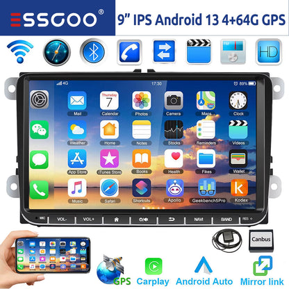 9-Inch Android 14 Car Stereo with 4G+64G, Wireless CarPlay, GPS Navigation, WiFi, RDS FM, Bluetooth, and Equalizer for VW Golf 5/6, Passat, Polo, Touran, Tiguan, Caddy, and EOS
