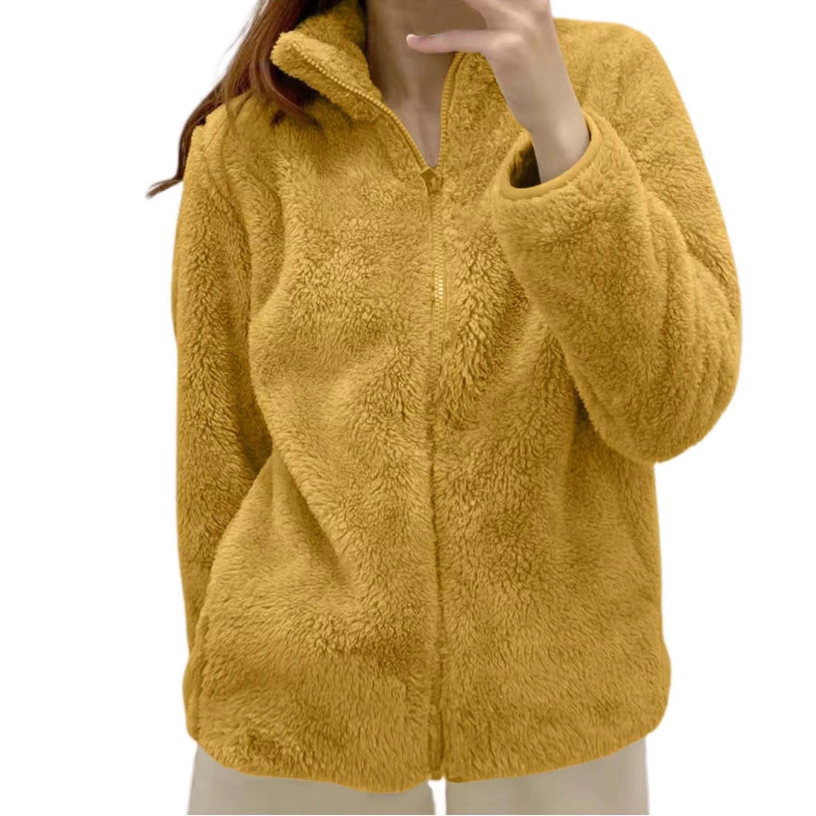 Women Casual Zip up Fleece Jacket Solid Color Long Plush Polar Warm Zipper Outwears Female Gils Lamb Wool Jackets with Pockets