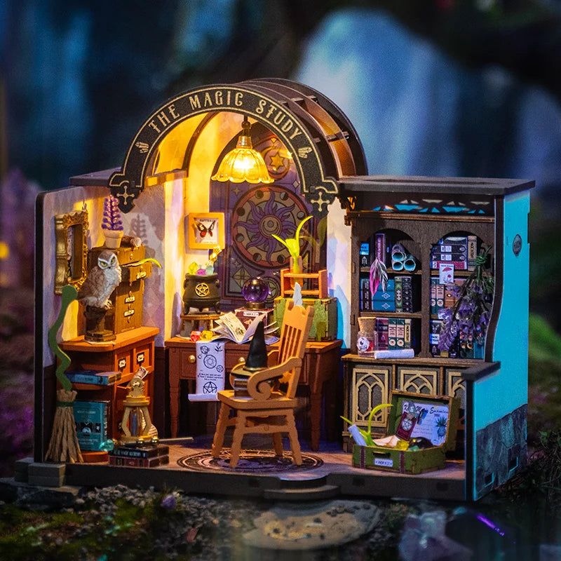 Robotime Rolife the Magic Study DIY Miniature House with Many Magic Note Books Dollhouse Decoration 3D Wooden Puzzle DG166