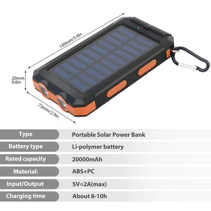 20000mAh Waterproof Solar Power Bank with Dual 5V USB Ports, LED Flashlight, and Compass for Outdoor Camping