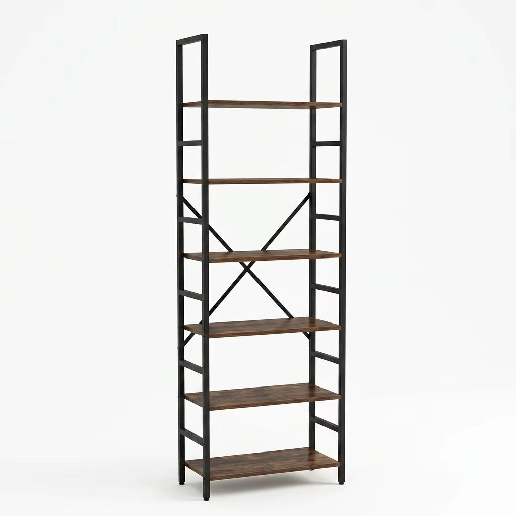 5 & 6 Tier Industrial Rustic Wood Bookcase with Black Metal Frame - Freestanding Multipurpose Storage Organizer for Bedroom, Living Room, Office, Kitchen, and Plant Decor