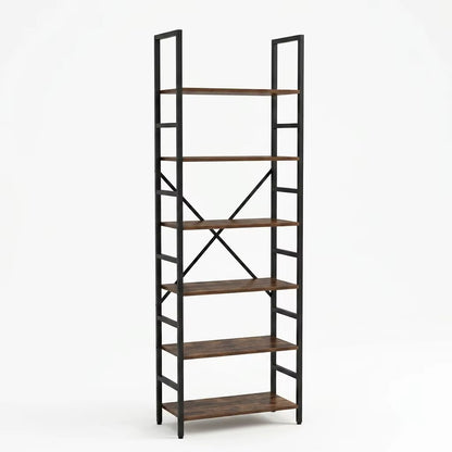 5 & 6 Tier Industrial Rustic Wood Bookcase with Black Metal Frame - Freestanding Multipurpose Storage Organizer for Bedroom, Living Room, Office, Kitchen, and Plant Decor